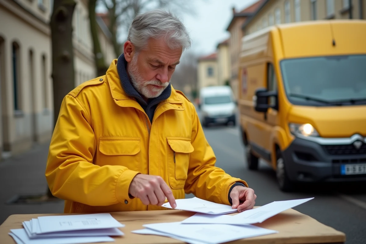 Facteur triant des enveloppes avec des codes postaux de Toulouse et communes voisines dans une rue suburbaine
