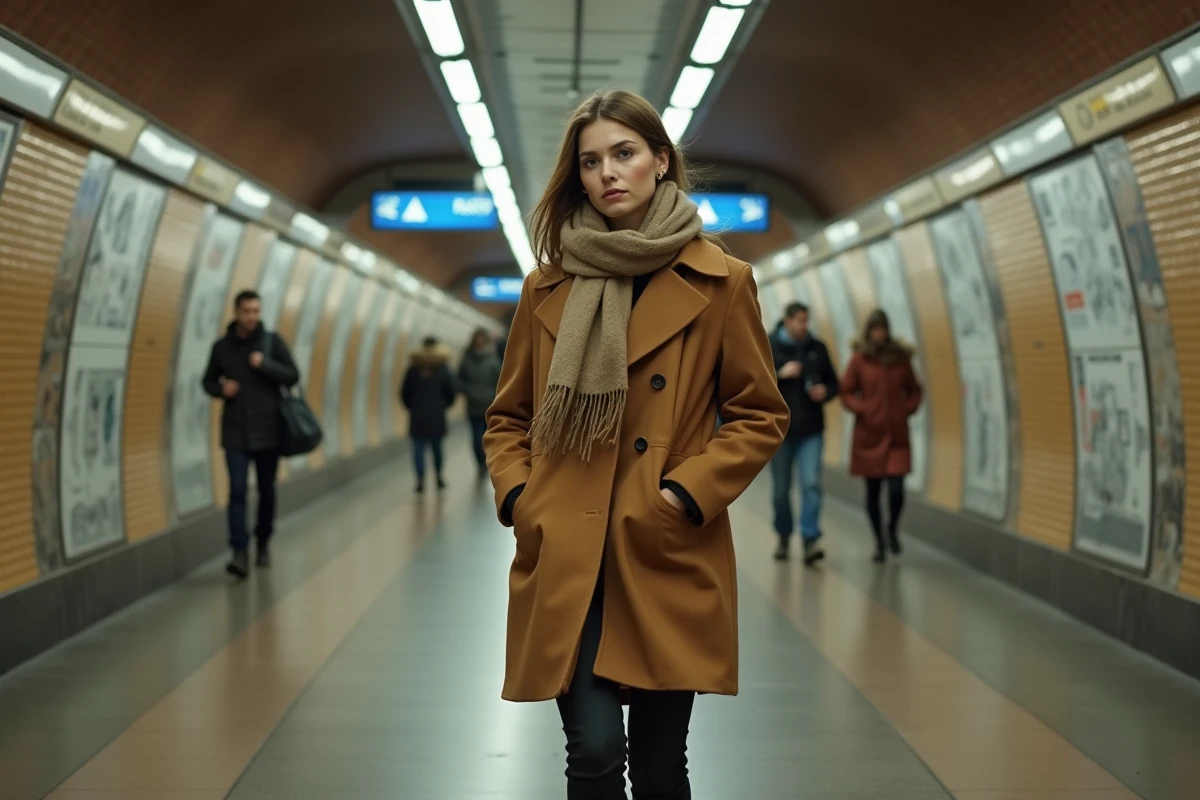 Jeune femme marchant prudemment dans un couloir du métro parisien, restant attentive à son environnement pour sa sécurité