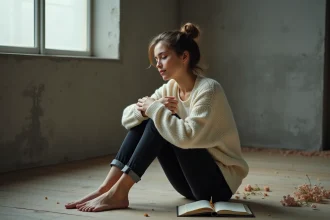 Jeune femme introspective assise sur un plancher en bois, journal ouvert à ses côtés, symbolisant le début d'une guérison intérieure par l'écriture et la réflexion personnelle