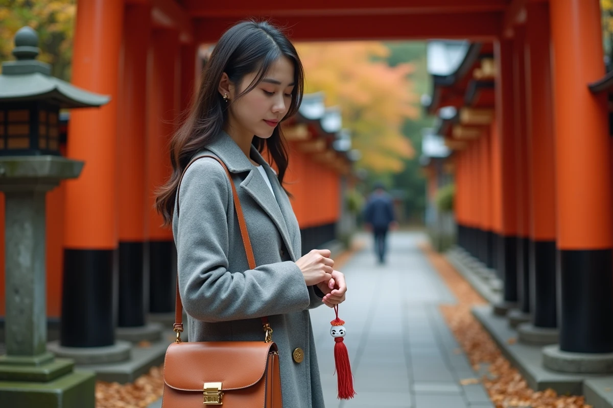 Jeune femme japonaise attachant un omamori rouge et blanc sur son sac près d'un torii de sanctuaire à Kyoto en automne
