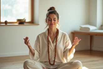 Femme en méditation récitant le mantra Om Mani Padme Hum avec un mala en bois dans une salle épurée