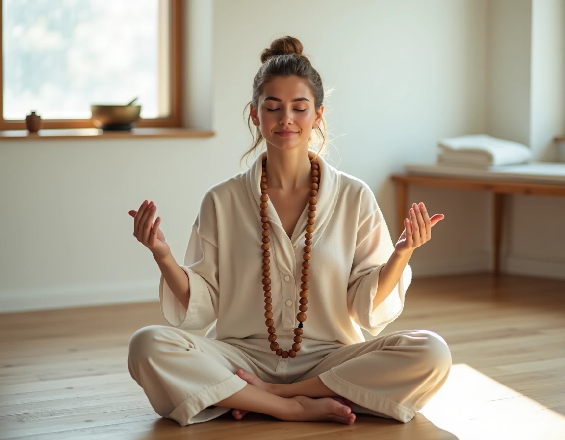 Femme en méditation récitant le mantra Om Mani Padme Hum avec un mala en bois dans une salle épurée