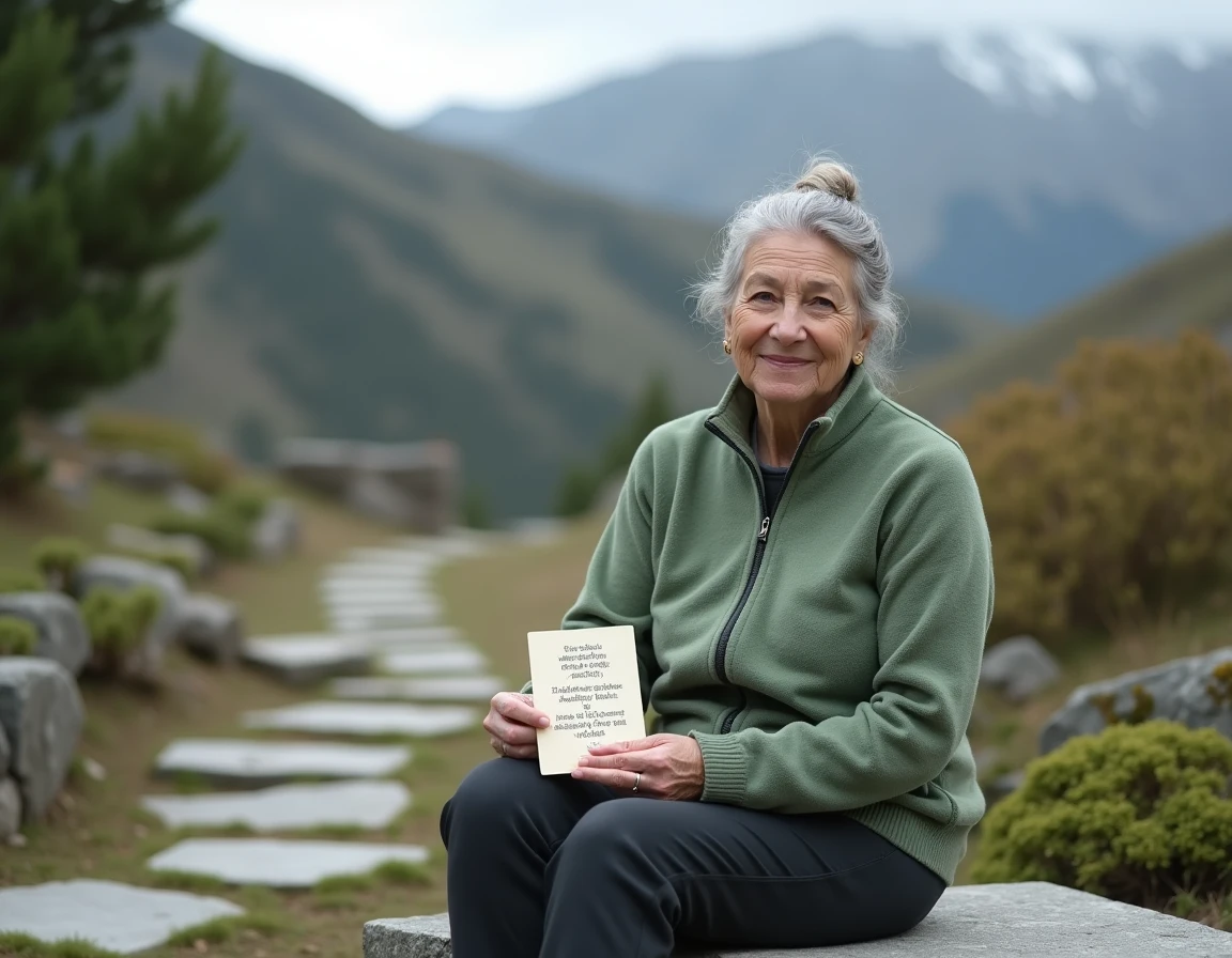 Femme en montagne lisant une carte phonétique du mantra Om Mani Padme Hum en pleine nature