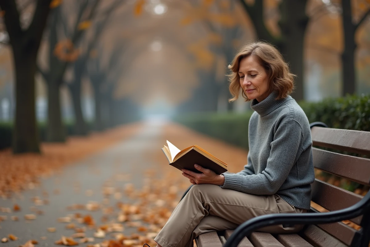 Femme sereine assise sur un banc dans un parc automnal tenant un livre de poésie, entourée de feuilles tombées symbolisant la transformation émotionnelle et la guérison intérieure