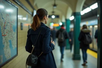 Femme consultant un plan de métro parisien sur le quai, tenant son sac en bandoulière serré contre elle pour plus de sécurité