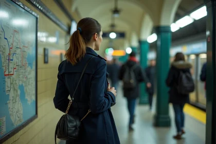 Femme consultant un plan de métro parisien sur le quai, tenant son sac en bandoulière serré contre elle pour plus de sécurité