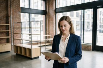 Gestionnaire locative professionnelle inspectant un local commercial vide avec documents et clipboard