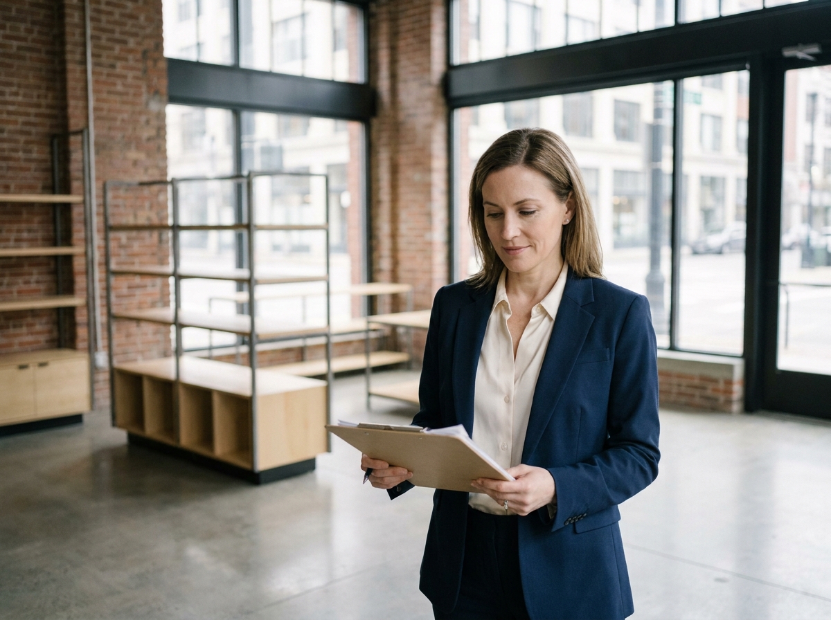 Gestionnaire locative professionnelle inspectant un local commercial vide avec documents et clipboard