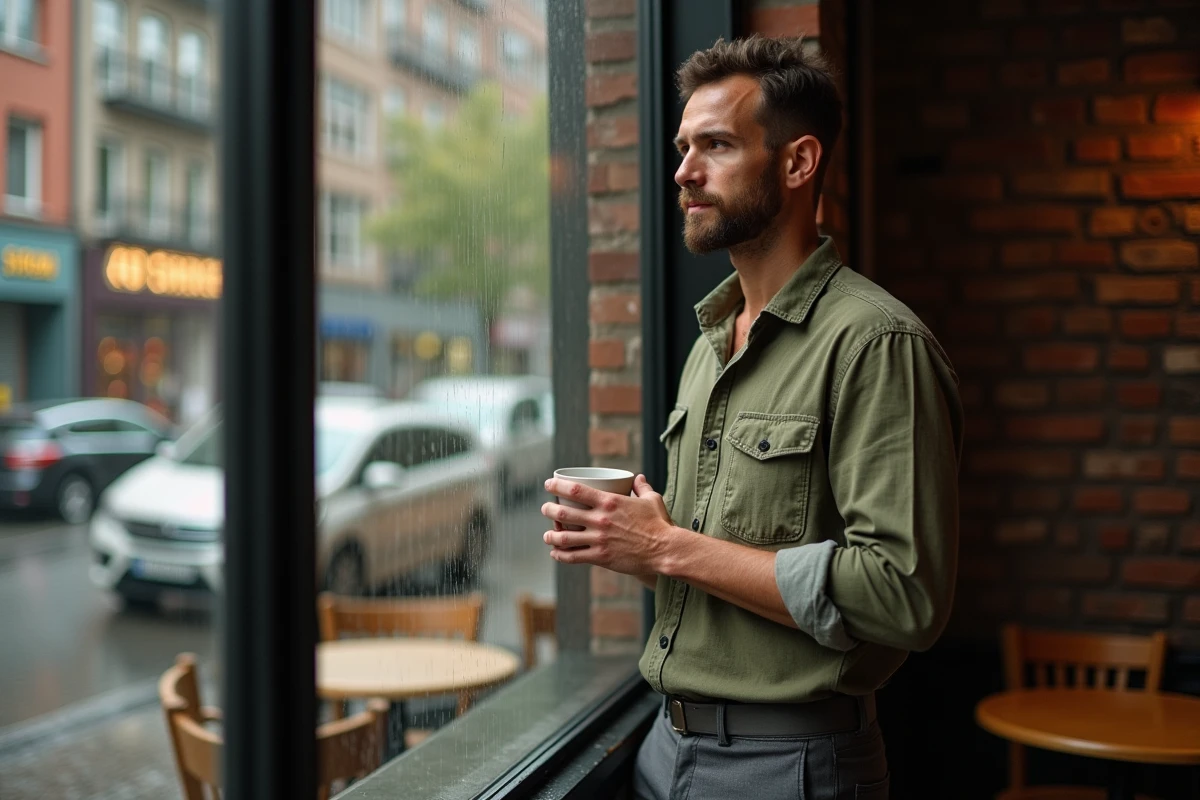 Homme pensif debout près d'une fenêtre pluvieuse dans un café parisien, tenant une tasse de café, reflétant la contemplation émotionnelle et le processus de guérison personnelle