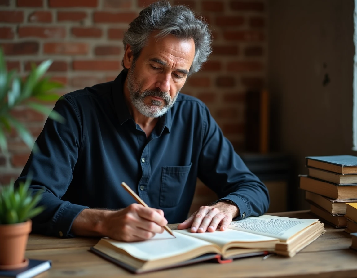 Homme étudiant la traduction française du mantra Om Mani Padme Hum dans un carnet et un livre bouddhiste tibétain