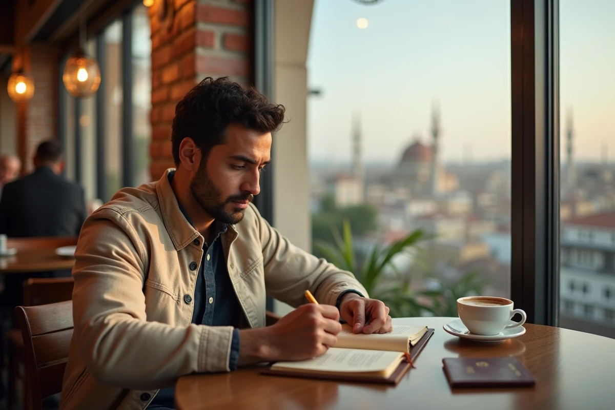 Homme musulman notant les horaires Imsak dans un carnet de voyage dans un café à l'étranger