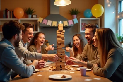 Groupe d'adultes jouant au jeu du palmier autour d'une table lors d'un anniversaire festif à domicile