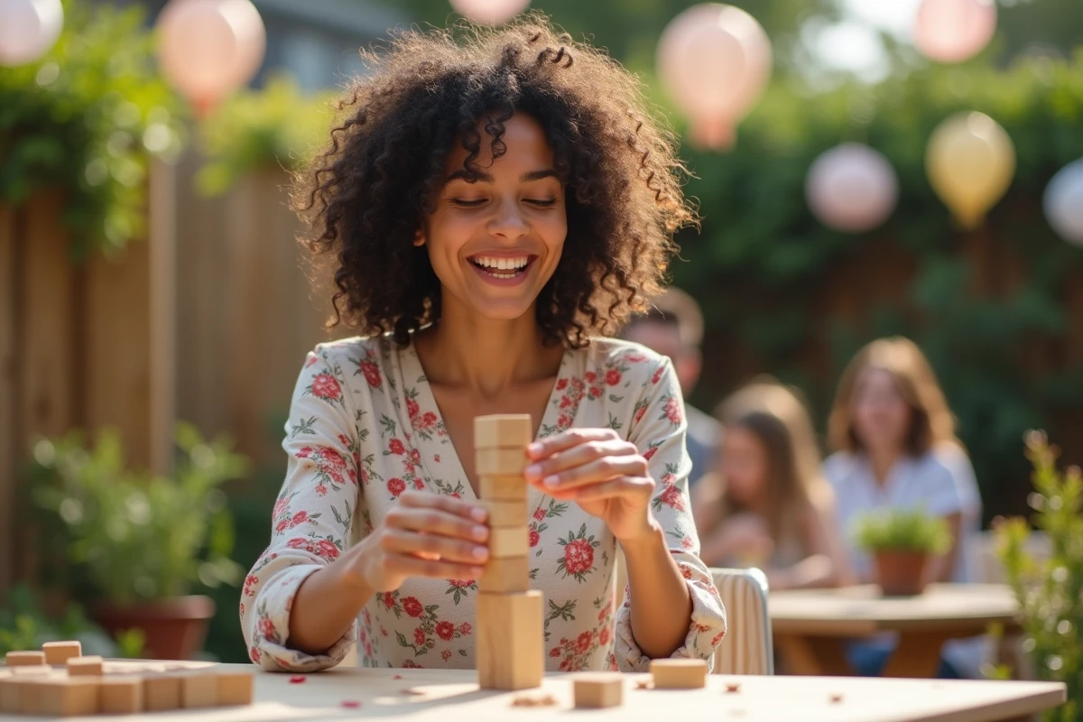 Femme concentrée retirant un bloc en bois du jeu du palmier lors d'une fête d'anniversaire en plein air