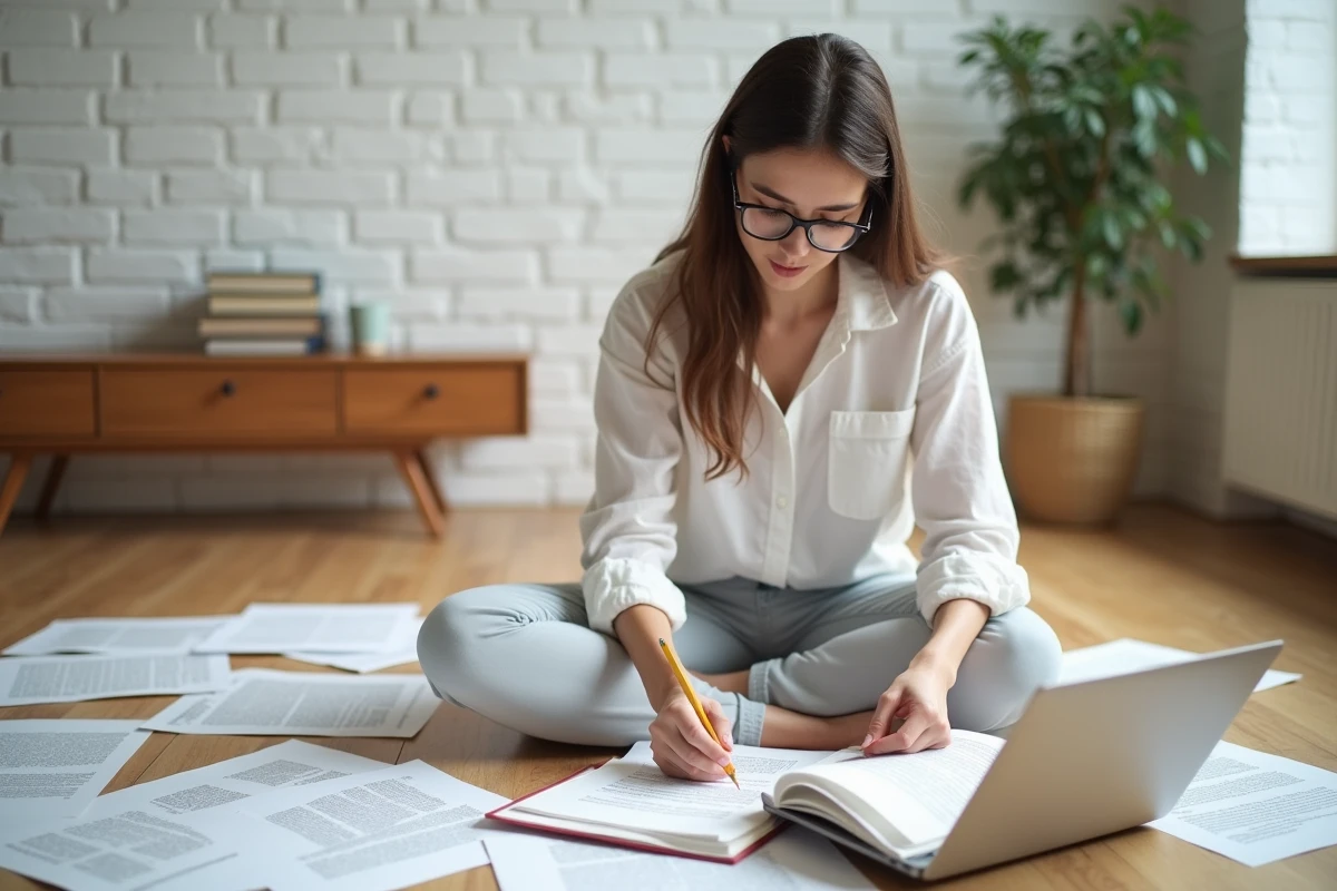 Jeune auteure annotant son manuscrit assis sur le sol entourée de guides de mise en forme éditoriale dans un appartement minimaliste