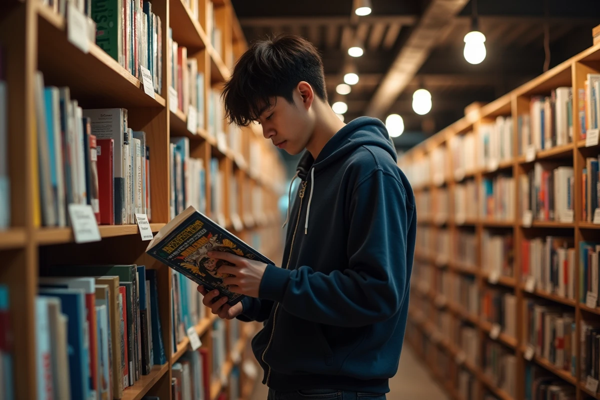 Jeune homme feuilletant un manhwa romantique en version française dans une librairie indépendante