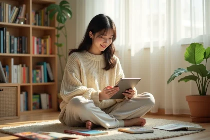 Jeune femme lisant un manhwa romantique coréen sur tablette dans sa chambre entourée de bandes dessinées