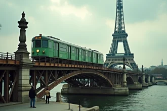 Rame du métro ligne 6 traversant le viaduc de Bir-Hakeim avec la Tour Eiffel en arrière-plan