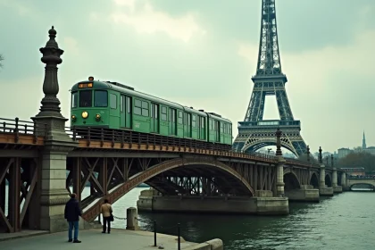 Rame du métro ligne 6 traversant le viaduc de Bir-Hakeim avec la Tour Eiffel en arrière-plan