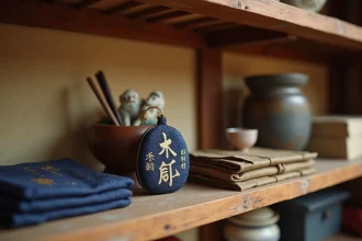 Omamori traditionnel en brocart de soie indigo exposé dans une boutique de sanctuaire shinto japonais authentique
