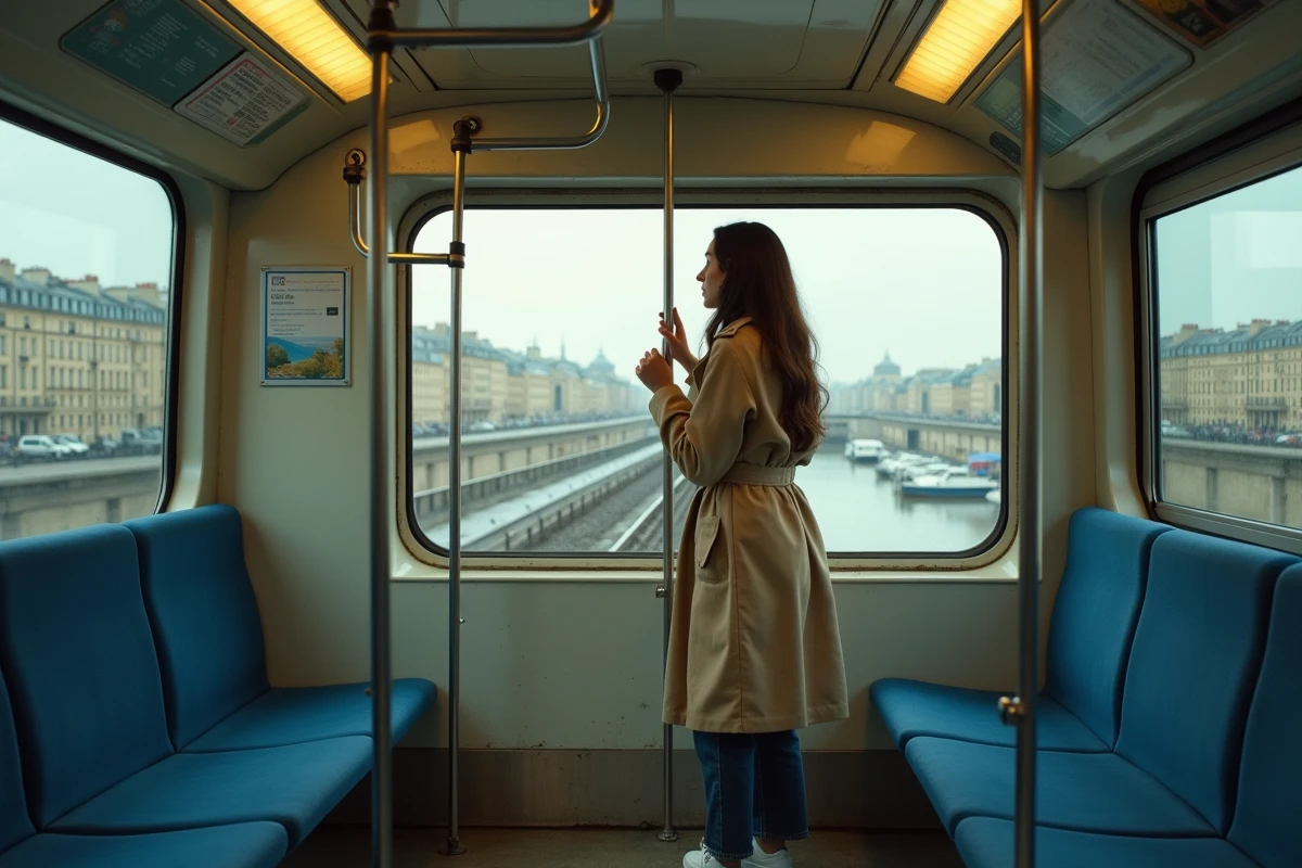 Passagère du métro parisien ligne 6 admirant la vue panoramique sur la Seine depuis la rame aérienne