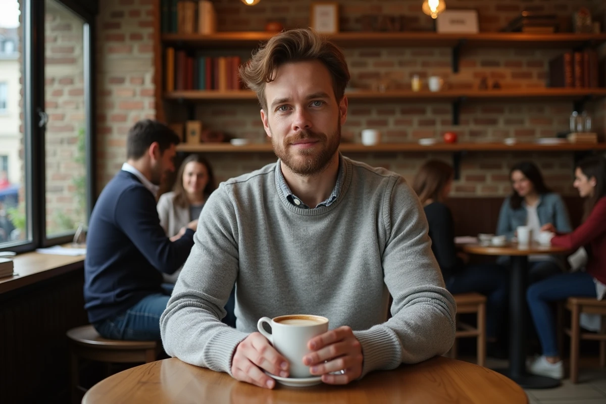 Homme attablé dans un café parisien avec un espresso, ambiance intime et authentique