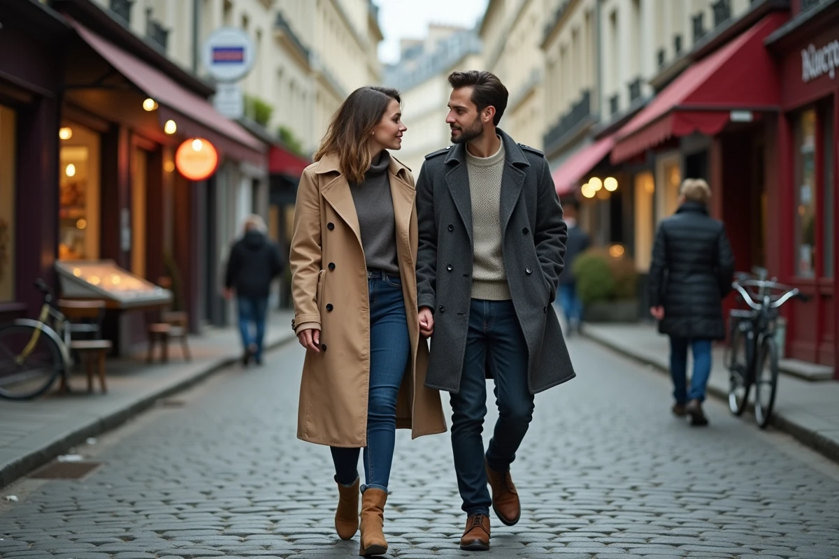 Couple se promenant dans une rue pavée parisienne, ambiance complice et quotidienne
