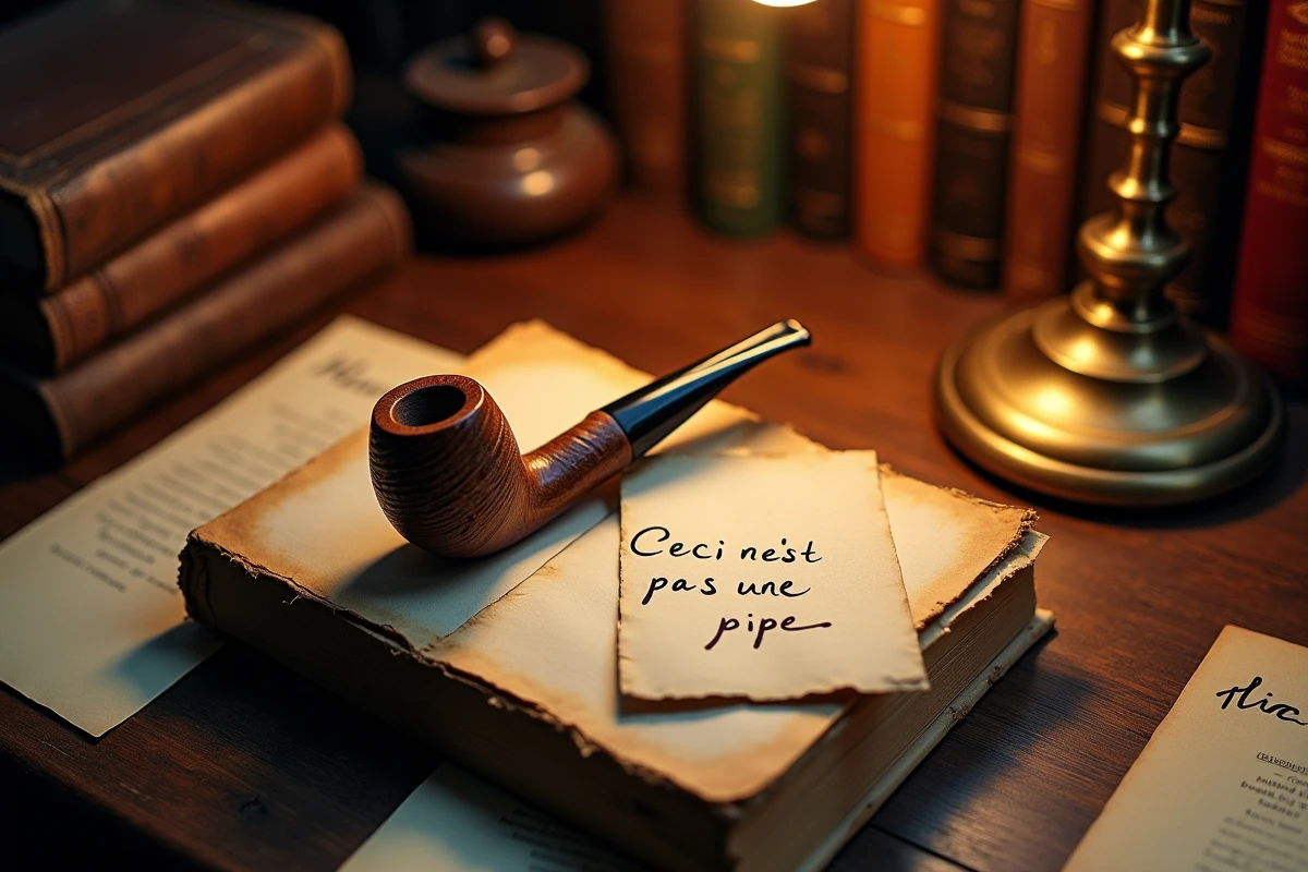 Pipe en bois vintage posée sur un livre de philosophie avec une note manuscrite 'Ceci n'est pas une pipe' sur un bureau d'érudit