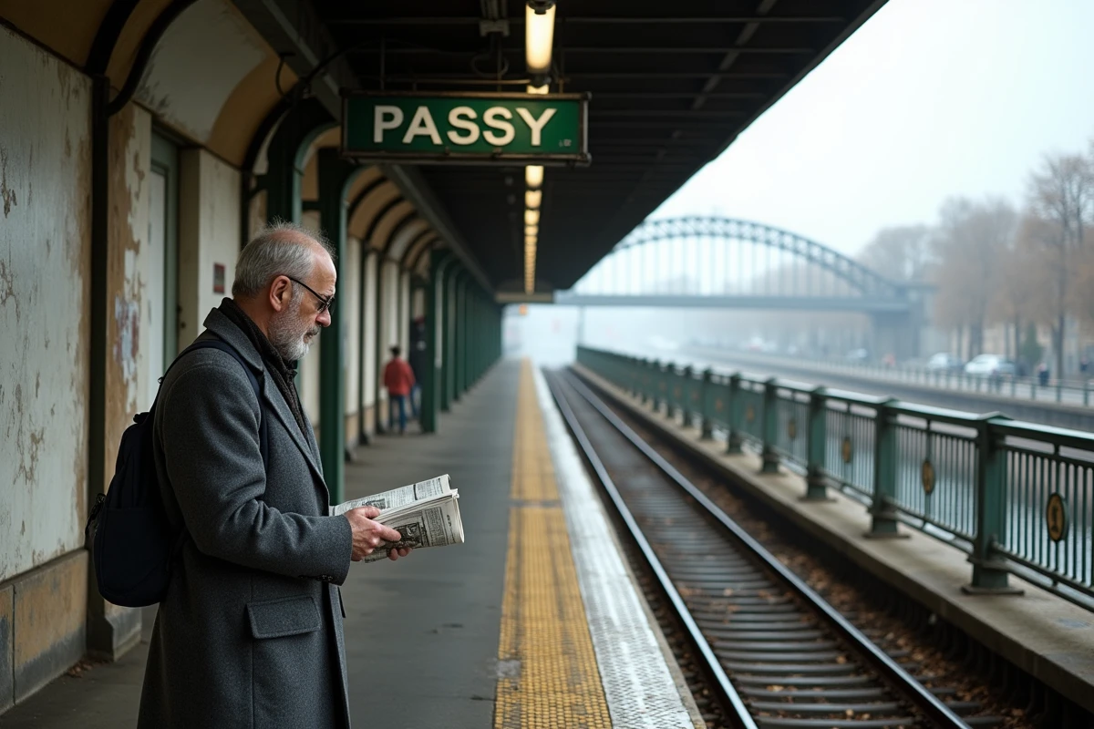 Quai aérien de la station Passy sur la ligne 6 avec vue sur la Seine et le pont de Bir-Hakeim