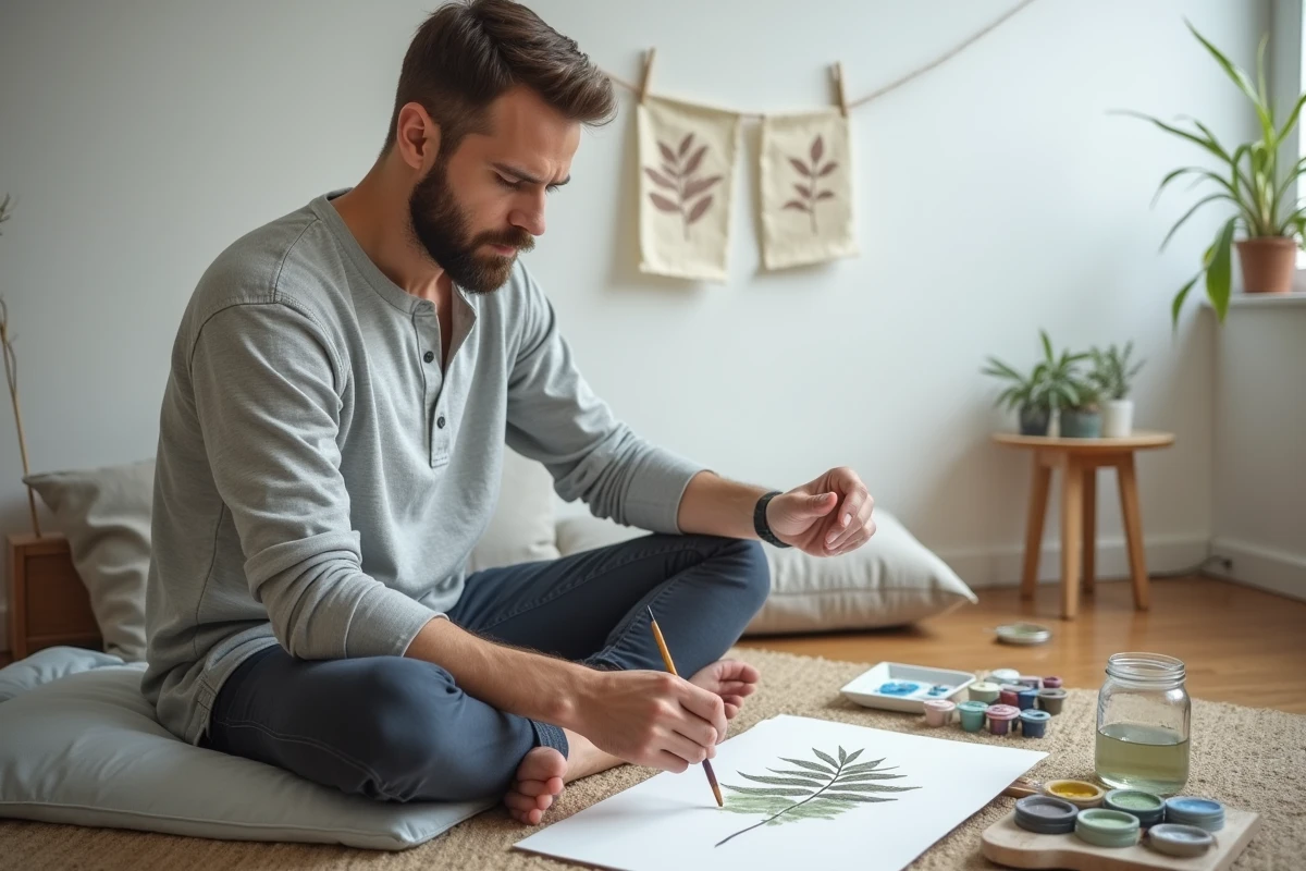 Homme adulte en récupération de burn-out pratiquant l'aquarelle dans un espace de création minimaliste et apaisant