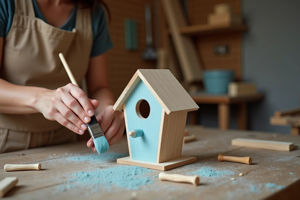Gros plan des mains d'une femme adulte peignant une petite cabane en bois comme activité manuelle thérapeutique contre le burn-out