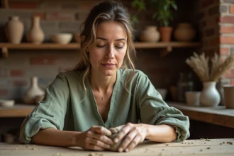 Femme adulte en état de burn-out retrouvant la sérénité grâce à la poterie dans un atelier artisanal chaleureux