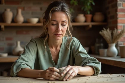 Femme adulte en état de burn-out retrouvant la sérénité grâce à la poterie dans un atelier artisanal chaleureux