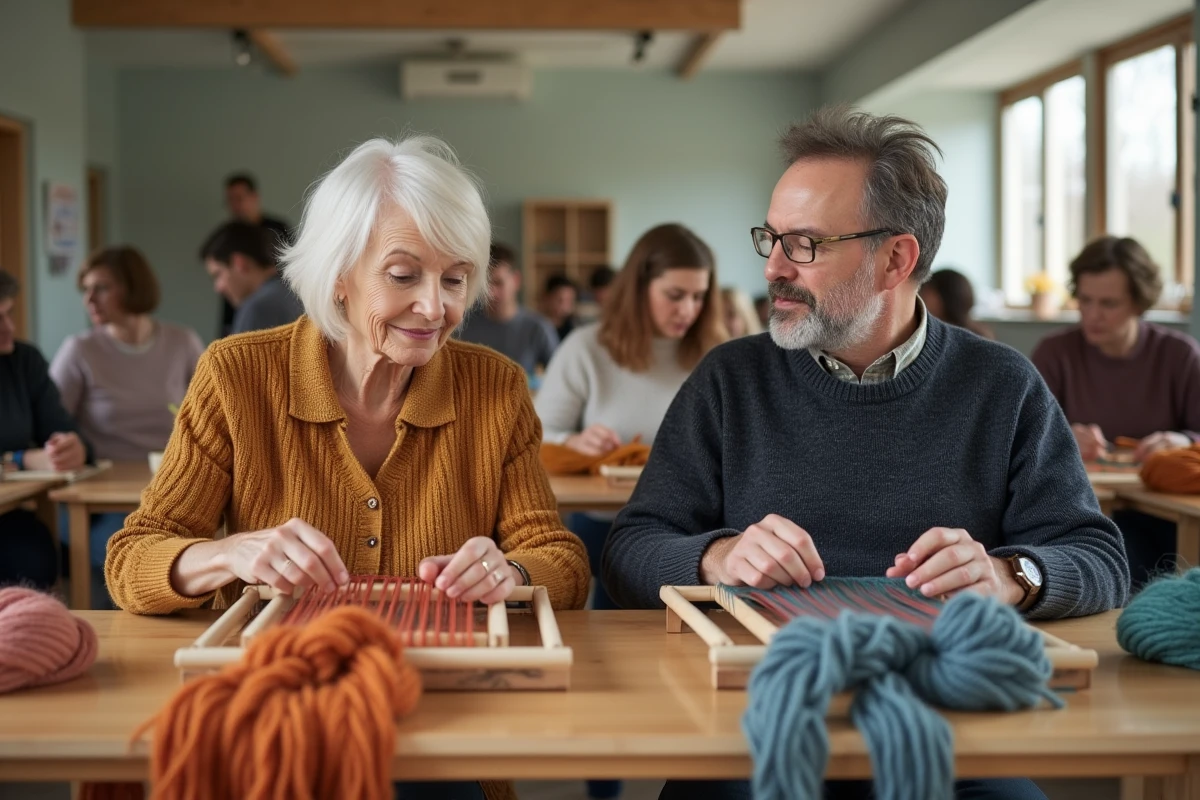 Adultes participant à un atelier de tissage en groupe comme thérapie créative contre le burn-out dans un espace communautaire