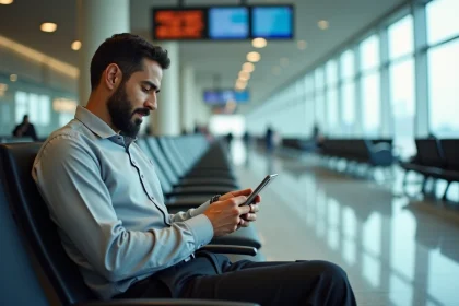 Voyageur musulman consultant l'horaire Imsak sur son smartphone dans un aéroport international