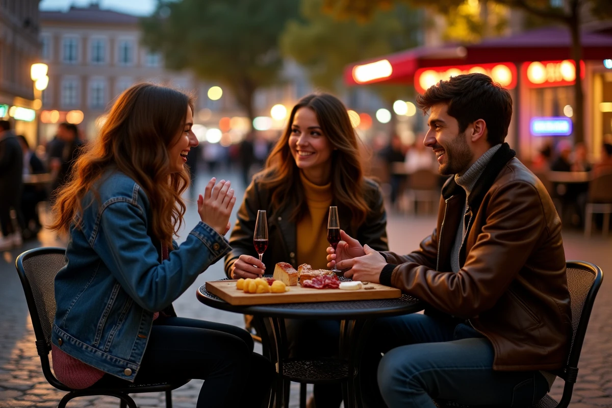 Groupe d'amis partageant une planche de charcuterie et spécialités locales en nocturne sur la Place Saint-Pierre à Toulouse