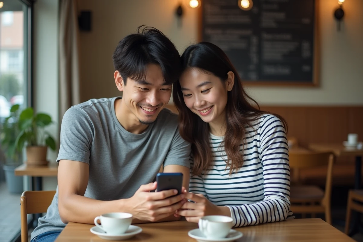 Deux amis explorant ensemble une plateforme légale de manga sur smartphone dans un café