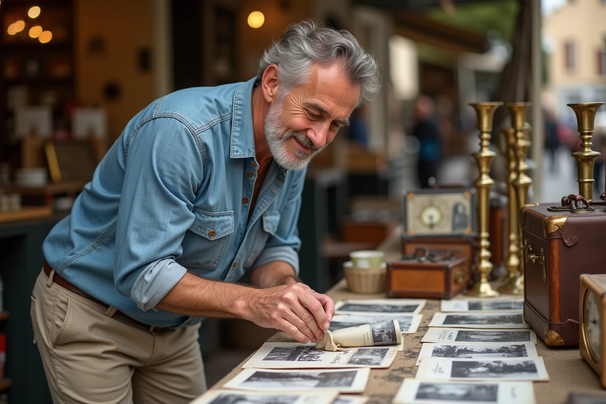Homme parcourant des cartes postales anciennes lors d'une brocante en Lot-et-Garonne