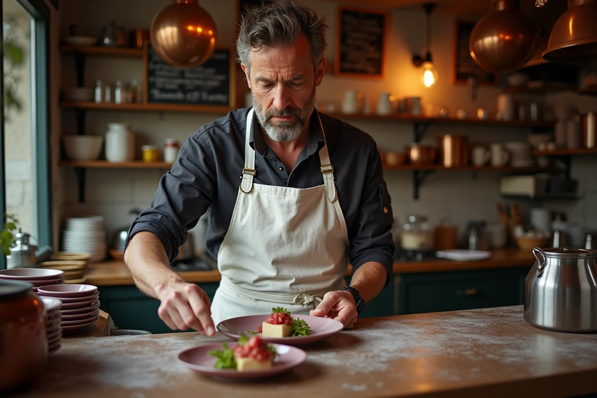 Chef toulousain dressant une assiette de foie gras dans une cuisine de bistrot authentique la nuit