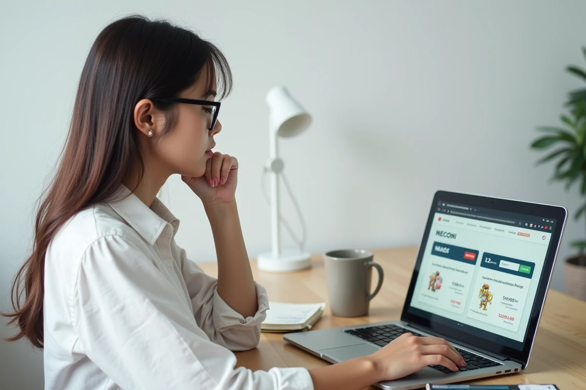 Femme comparant les prix d'abonnements légaux de lecture de manga sur ordinateur portable