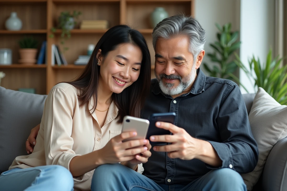 Couple adulte consultant ensemble les paramètres de filtrage de contenu d'une application manga sur smartphone