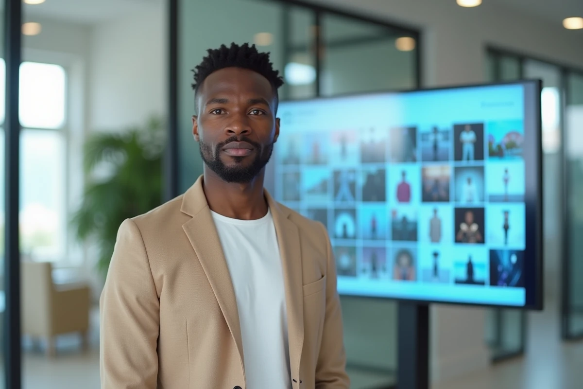 Directeur créatif devant un écran affichant une grille Instagram de productions musicales Afro-pop dans un bureau moderne