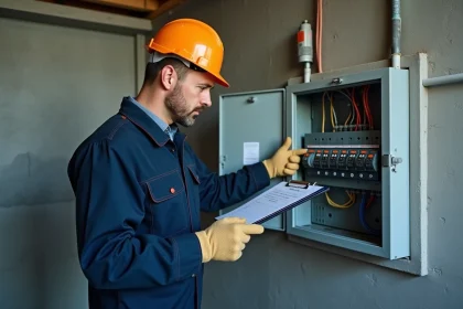 Électricien inspectant un tableau électrique triphasé lors d'une rénovation, tenant une check-list de vérification des disjoncteurs