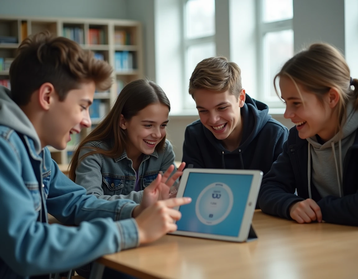 Groupe d'élèves enthousiastes autour d'une tablette affichant le dé Google en classe