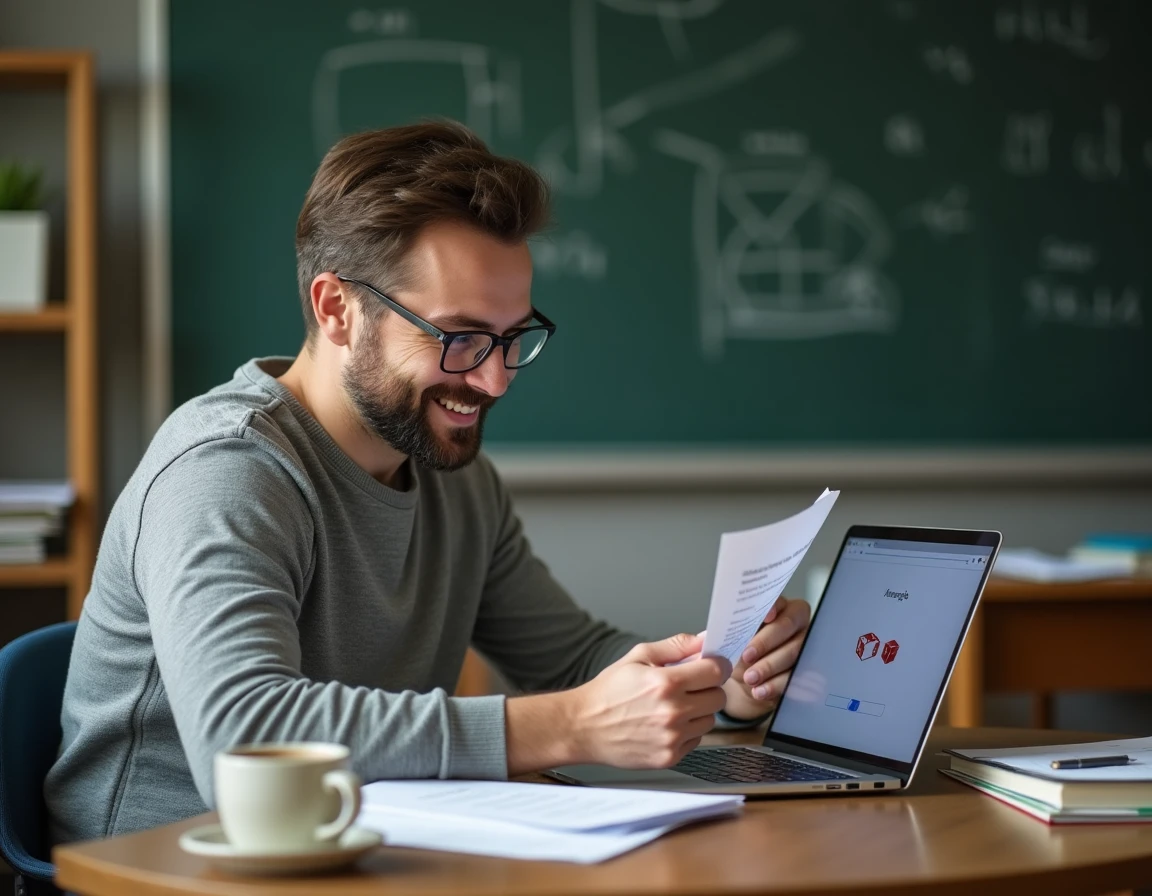 Enseignant préparant une activité avec le dé Google sur son ordinateur portable