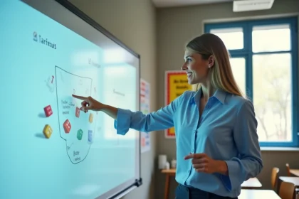 Enseignante pointant le dé Google affiché sur tableau interactif en classe