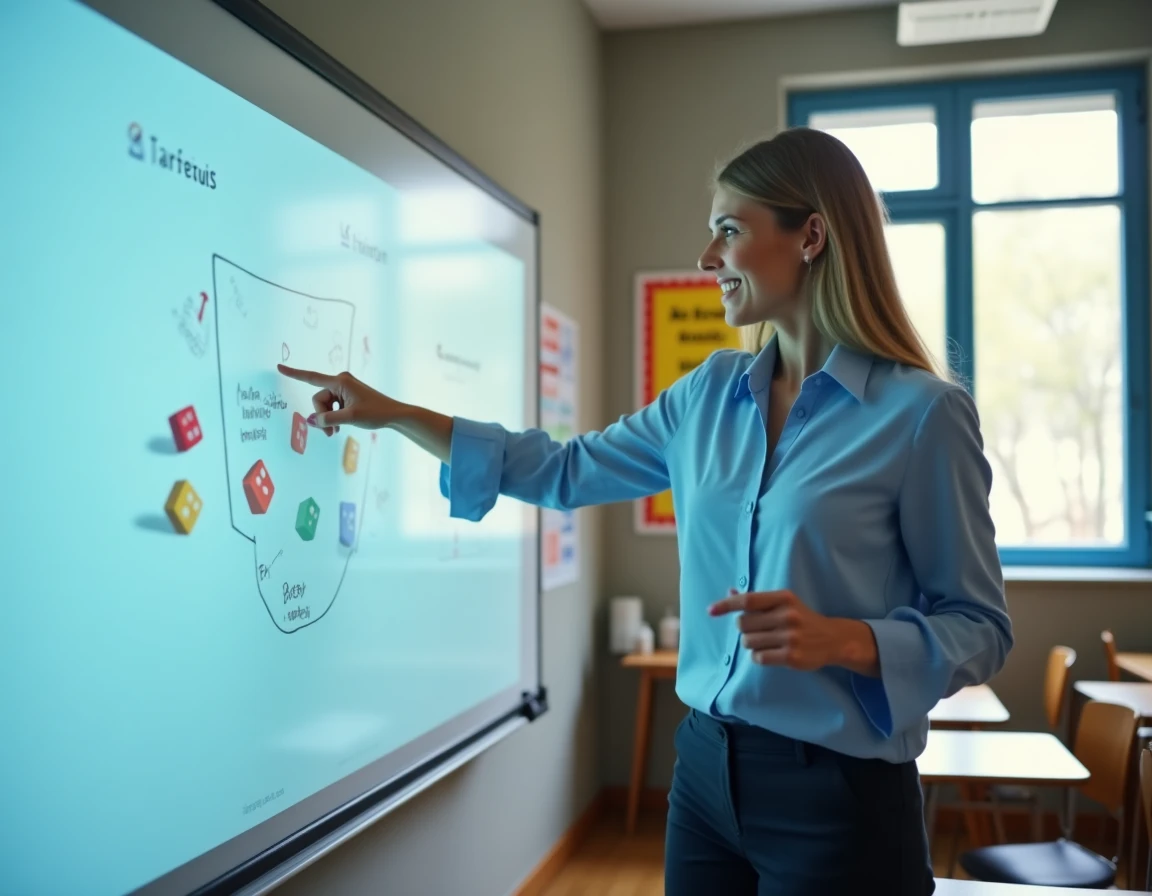 Enseignante pointant le dé Google affiché sur tableau interactif en classe