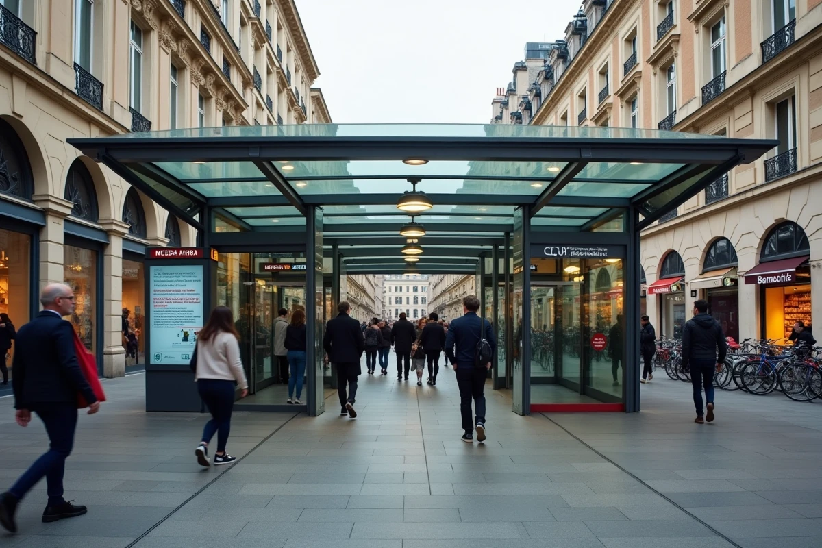 Entrée d'une station de métro à Lyon en journée avec des passants et un panneau d'informations sur le trafic
