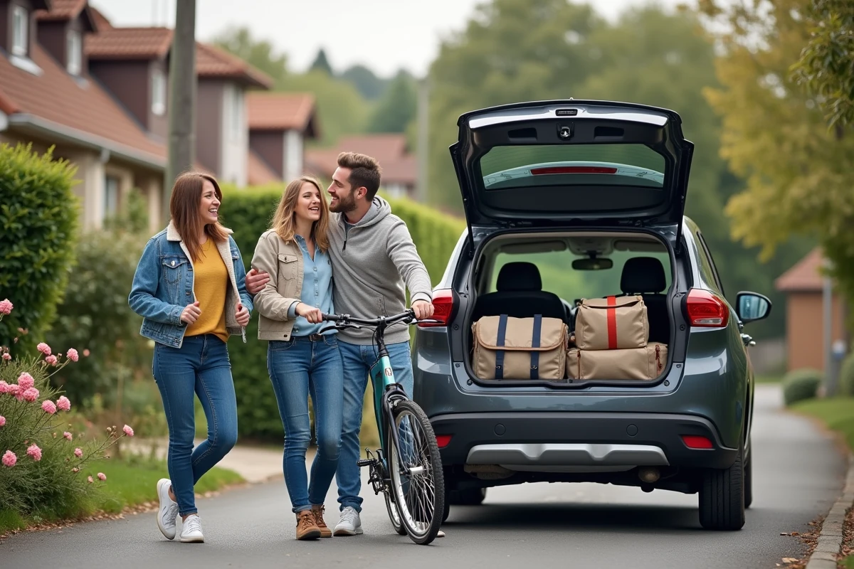 Famille française chargeant une voiture pour un départ en week-end prolongé en mai 2026