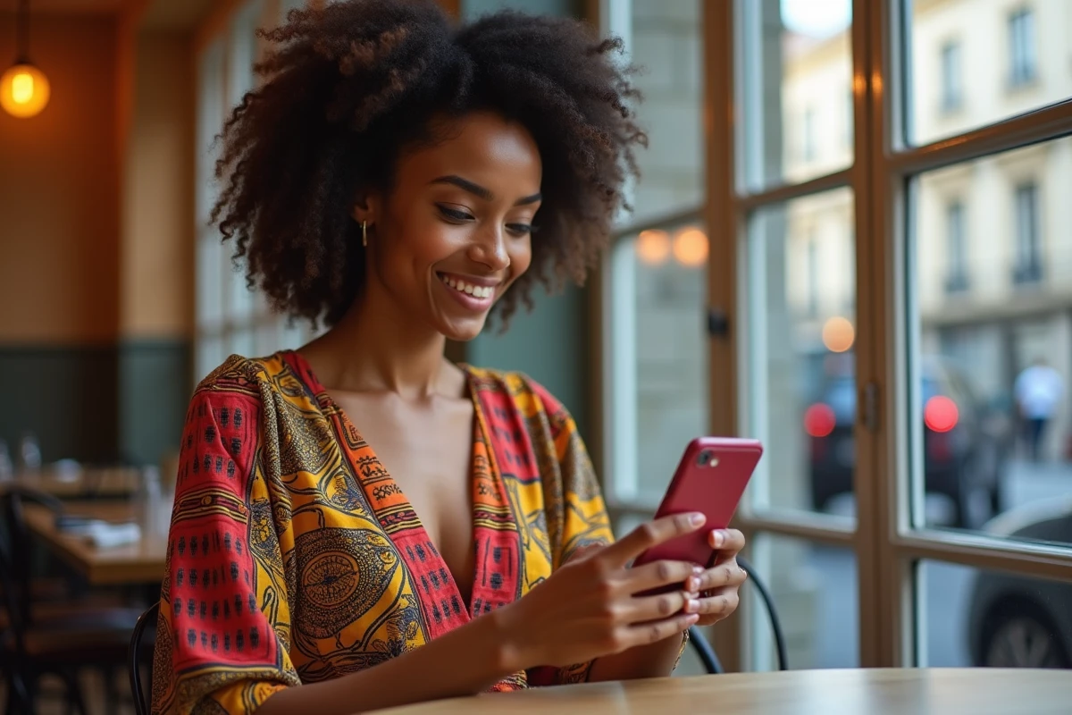 Femme parisienne consultant le compte Instagram de Vlad Boudnikoff dans un café, vêtue d'une robe aux imprimés africains