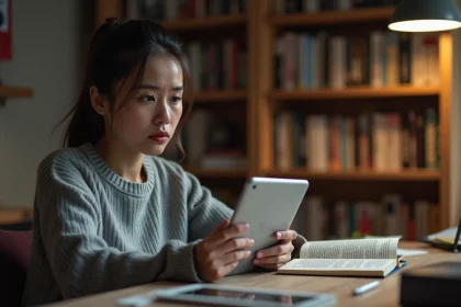 Femme adulte utilisant une tablette pour configurer les paramètres de filtrage de contenu sur une application de lecture manga
